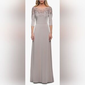 La Femme 29227 Illusion Neckline Three Quarter Sleeves Dress NWT size 8 Silver